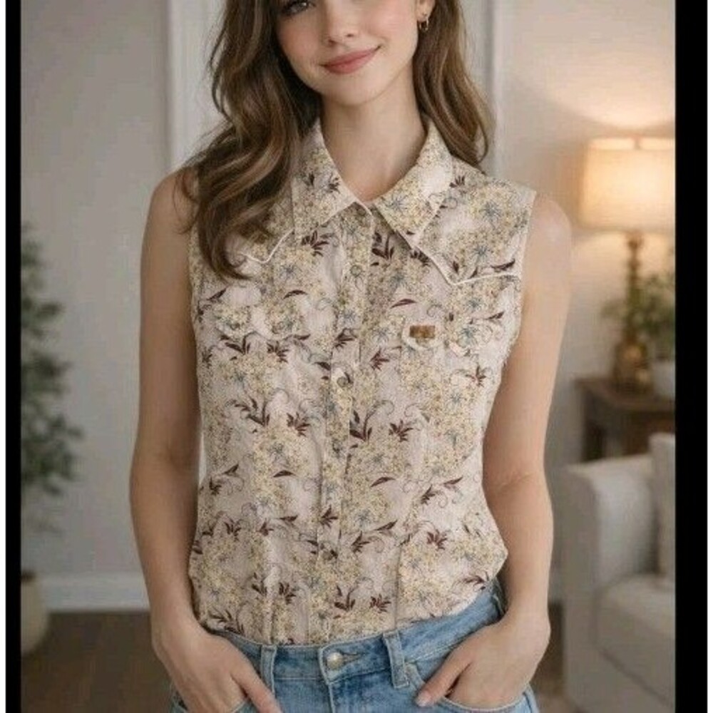 Twenty X Oceanside Cowgirl Shirt Snap Sleeveless Floral Brown Pockets